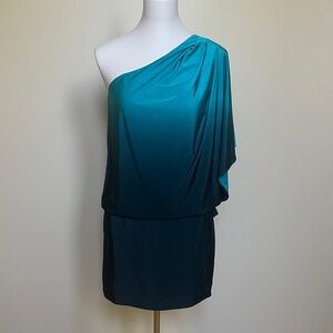 JS Boutique Teal Blue Ombre One Shoulder Draped Mini  -Cocktail Party Dress